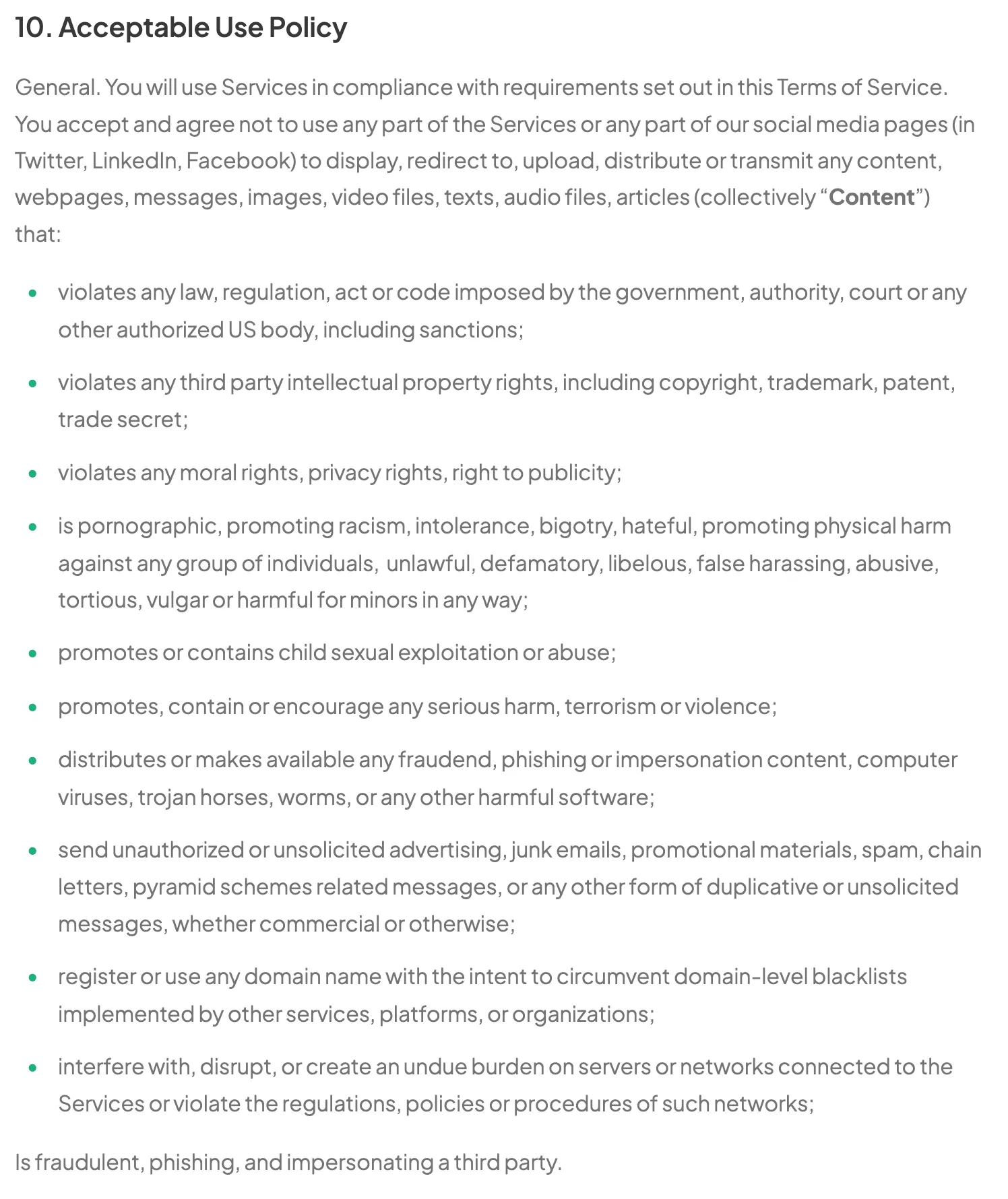 Excerpt from Short.io's Acceptable Use Policy