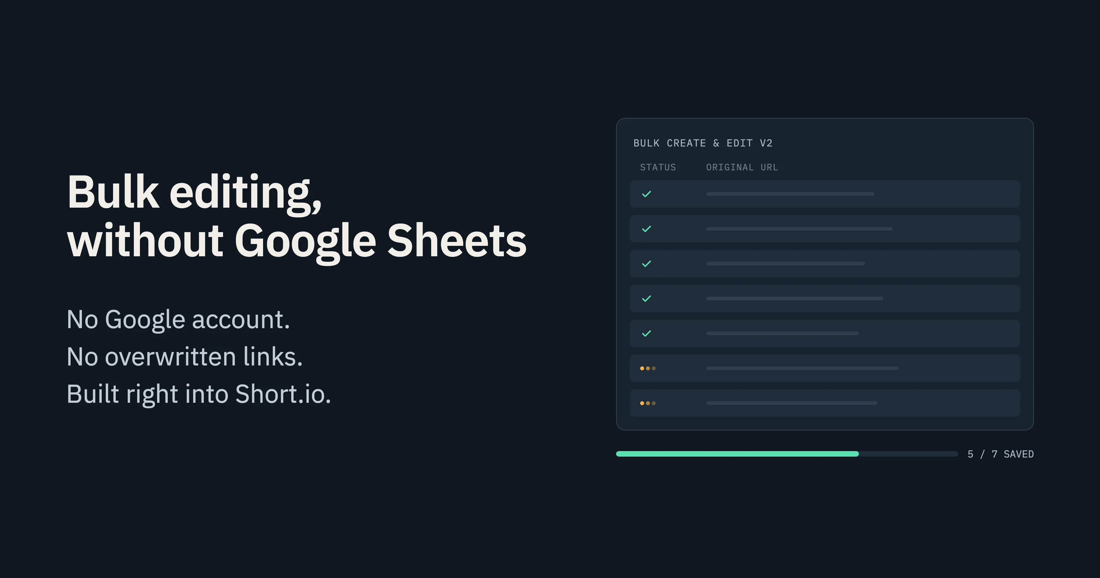 Bulk editing, without Google Sheets: a spreadsheet of short links in Short.io saving row by row, with a progress bar