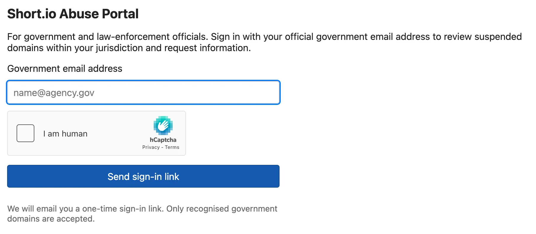 Government sign-in portal at abuse.short.io/govt