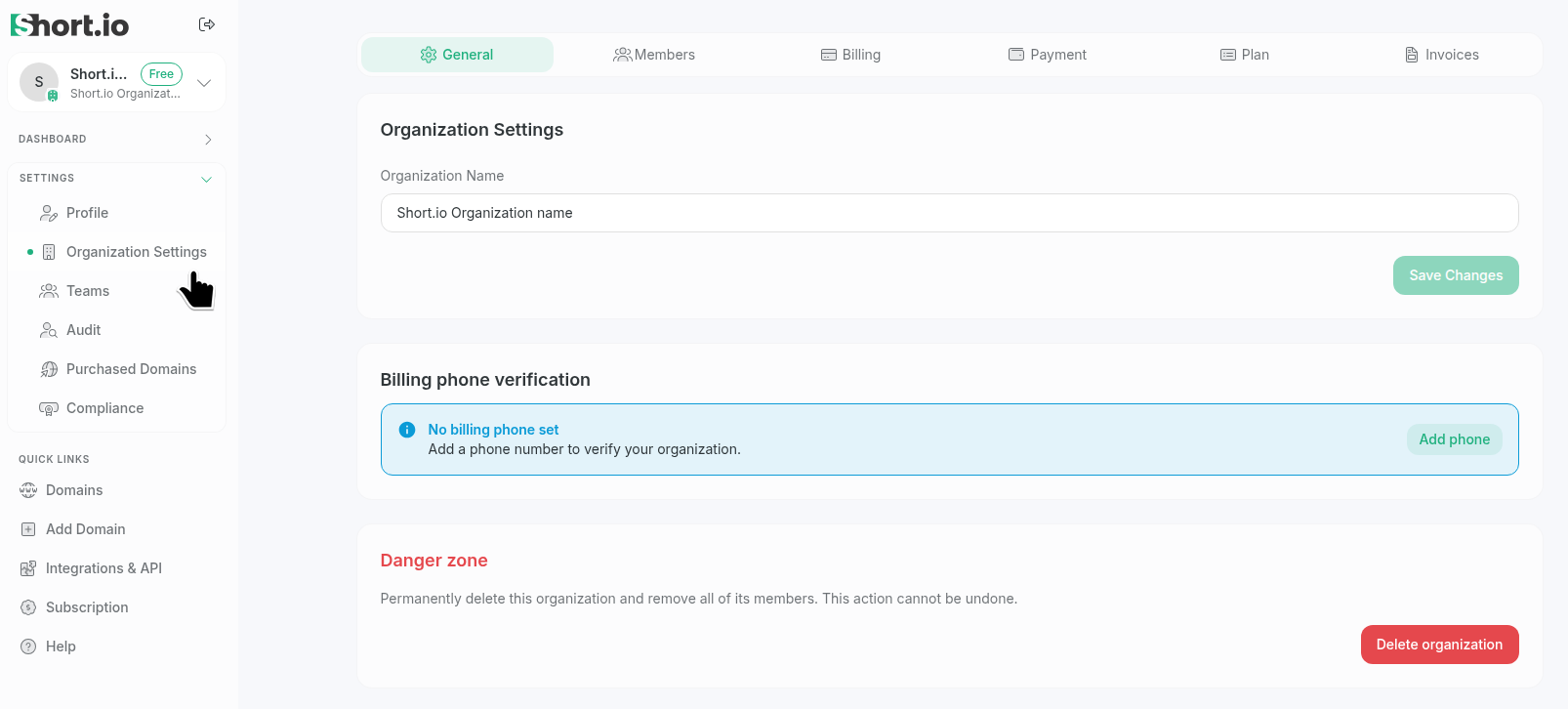 Organizations settings page in Short.io