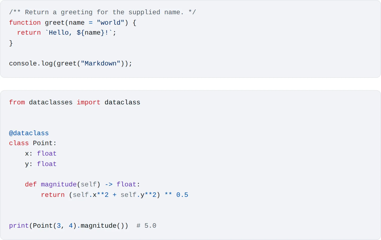 Syntax-highlighted JavaScript and Python code blocks rendered in a Short.io Post