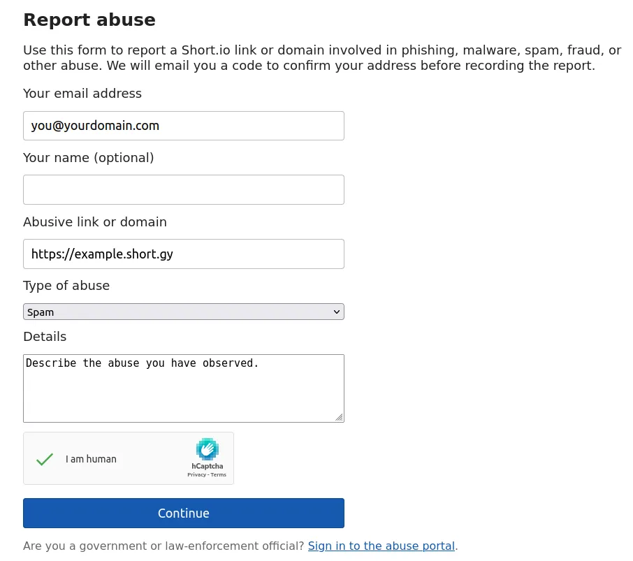 The abuse report form at abuse.short.io