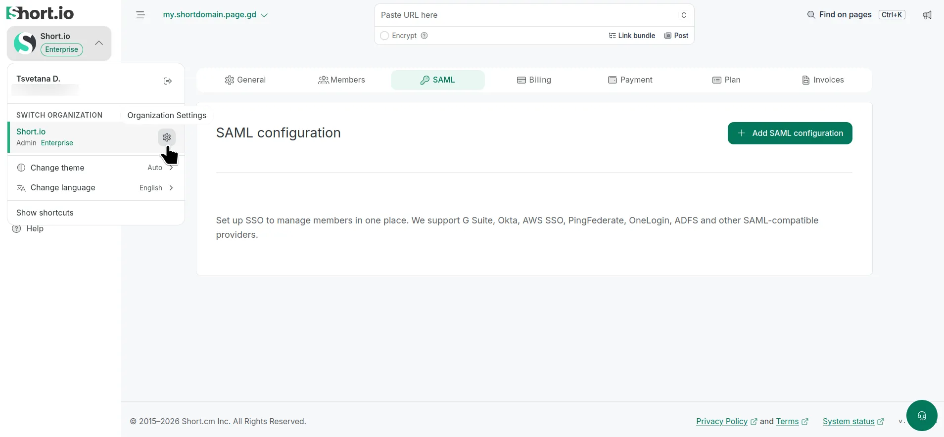 SAML configuration page under Organization Settings in Short.io