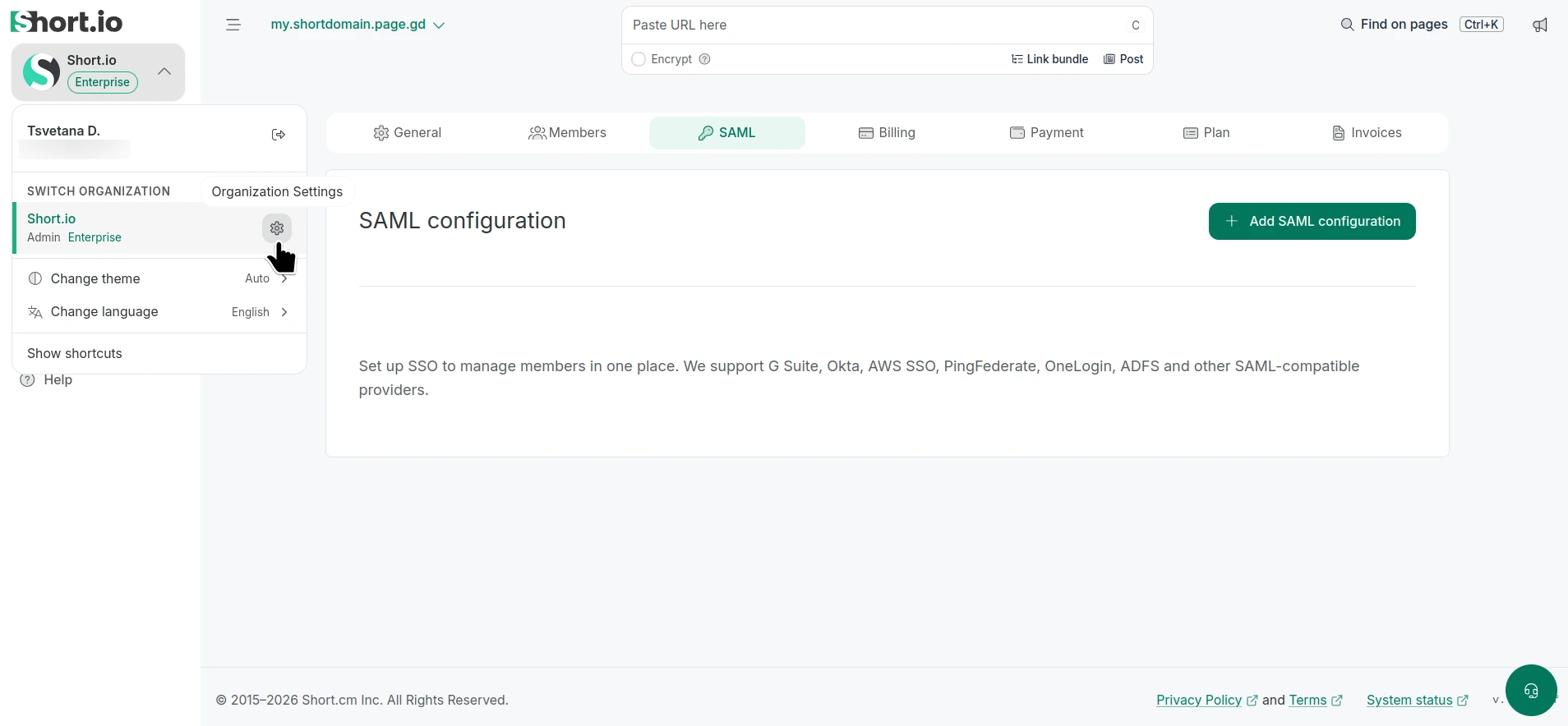 SAML configuration page under Organization Settings in Short.io