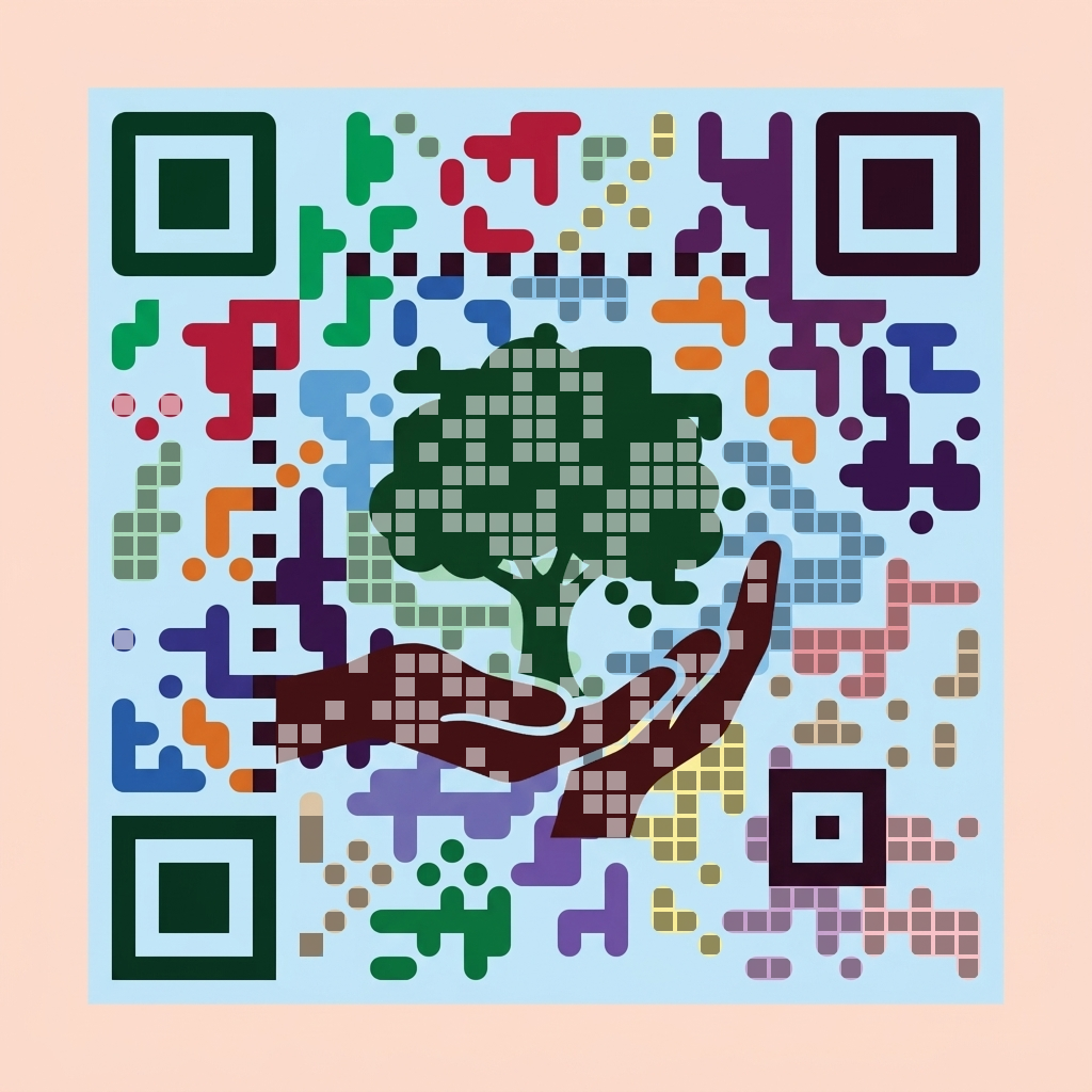 Hands holding tree QR code artwork