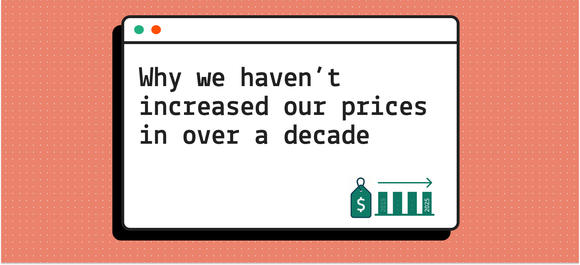 A mock MacOS page with the text "Why we haven't increased our prices in over a decade" 